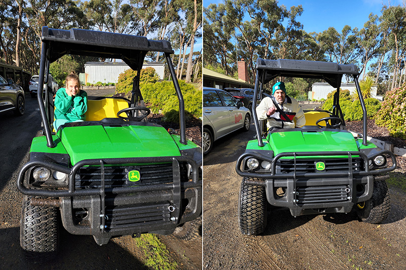 Two pics side by side of a woman and a man sitting in a green Gator farm vehicle