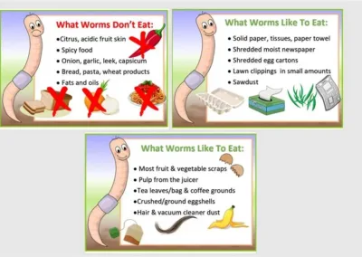 Three cartoon charts explain what worms like to eat.